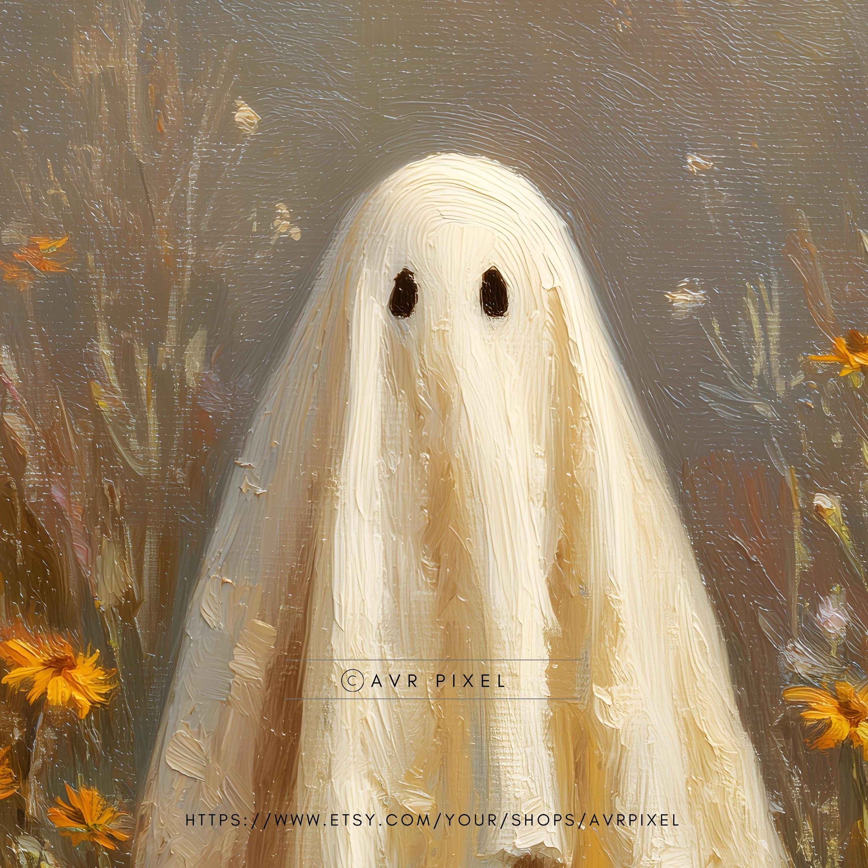 Ghost in Wildflower Meadow Art Print: Spooky Halloween Wall Decor (PDF Download)