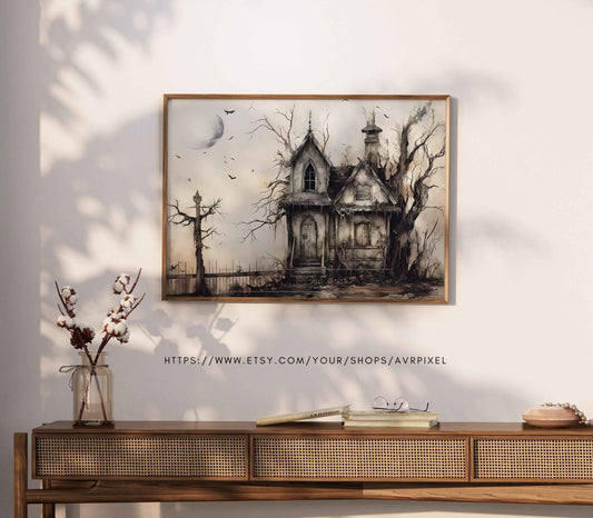 Halloween Wall Art | Haunted House Print | Festive Muted Colors PDF Download for Autumn Decor