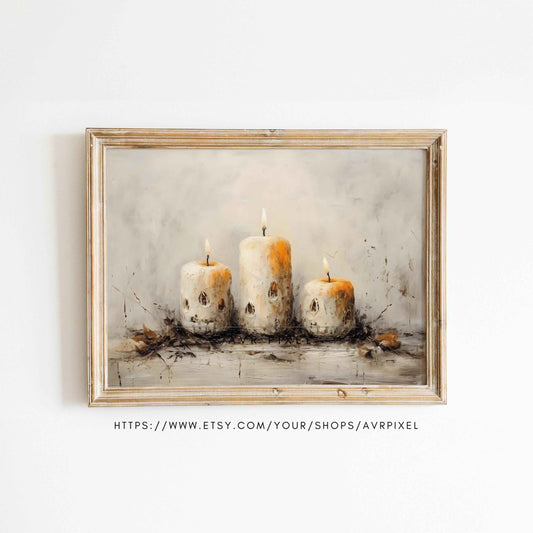 Vintage Jack-o-Lantern Candle Print: Rustic Halloween Wall Art PDF Download for Spooky Fall Decor