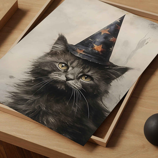 Spooky Black Cat Witch Art Print: Halloween Decor (PDF Download)