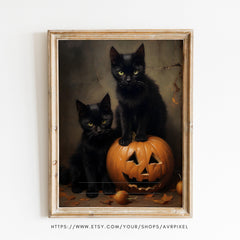 Black Cat & Pumpkin Halloween Print | Cozy Gothic Wall Art | Neutral Rustic Decor, Instant Download