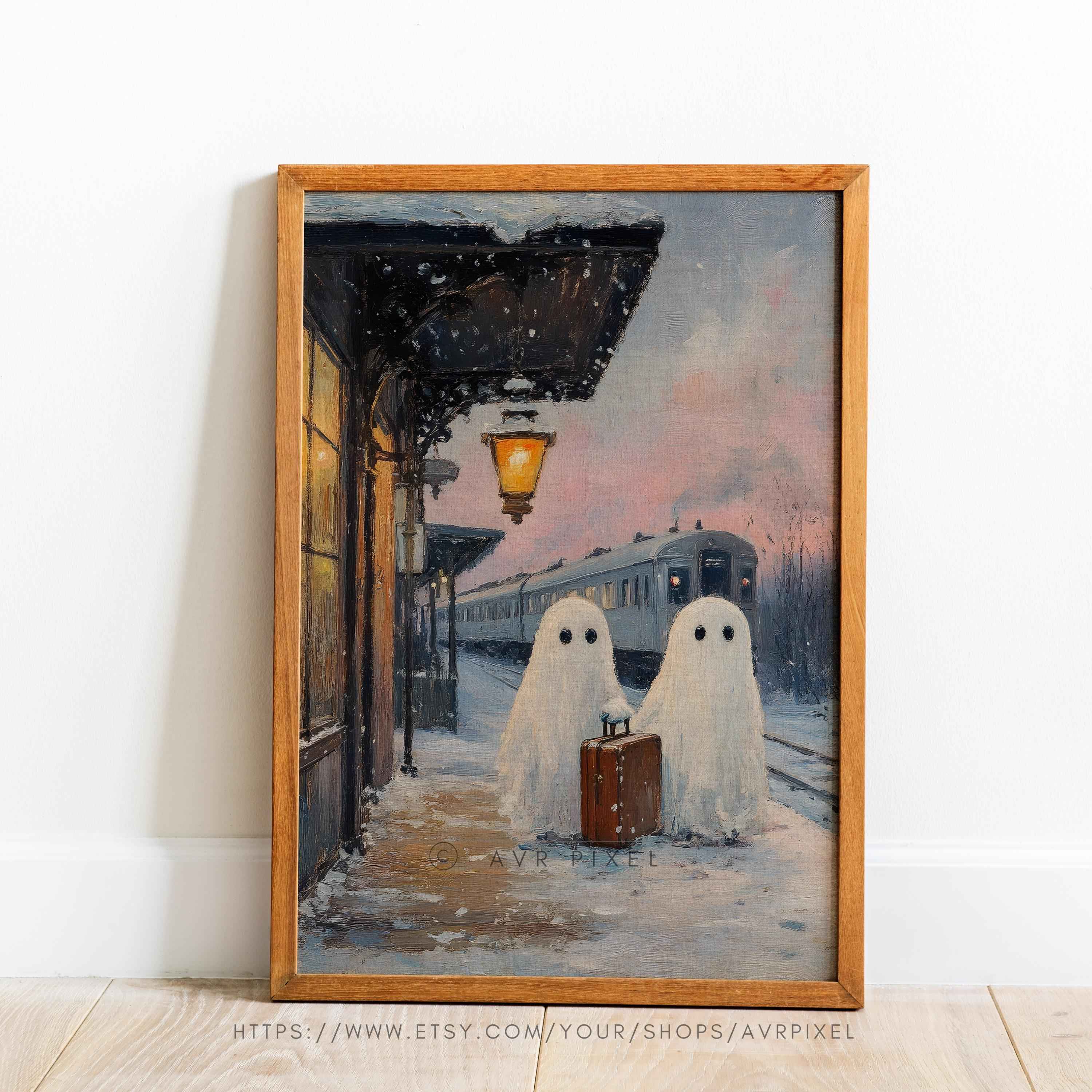 Ghost Train Station Halloween Painting: Spooky Wall Decor (PDF Download)