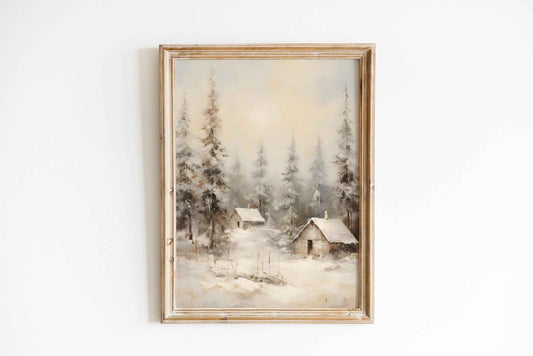 Rustic Winter Cabins Print: Snowy Landscape Art (PDF Download)