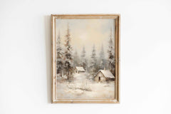 Rustic Winter Cabins Print: Snowy Landscape Art (PDF Download)