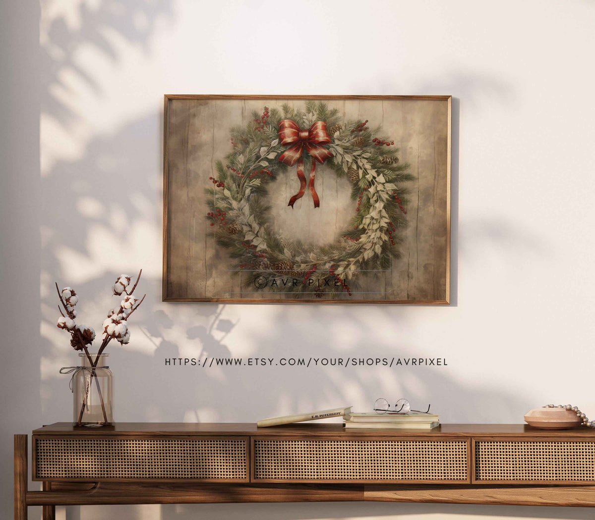 Vintage Christmas Wreath Print: Rustic Holiday Wall Art (PDF Download)