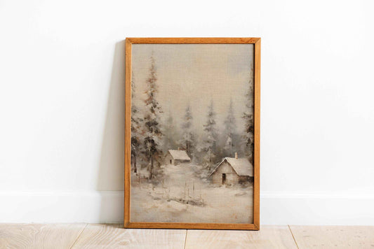 Rustic Winter Cabins Print: Snowy Landscape Art (PDF Download)