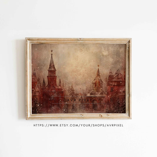 Red Brick Church Winter Village Print: Festive Christmas Decor (PDF Download)