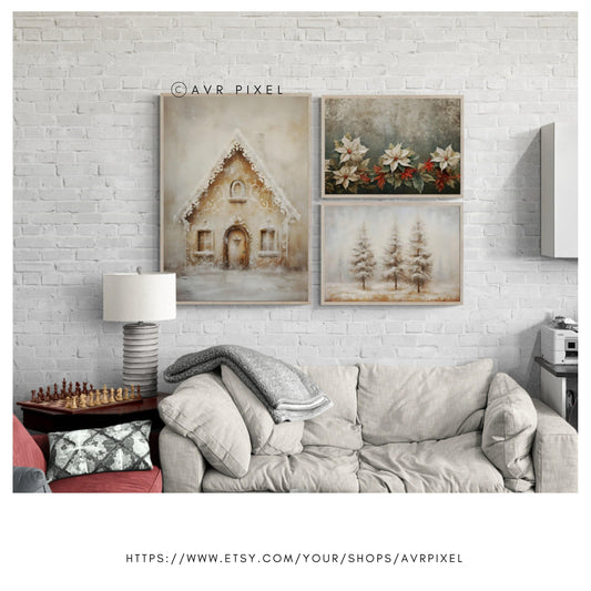 Farmhouse Christmas Prints: Gingerbread House, Poinsettia, Pine Tree (PDF Download)