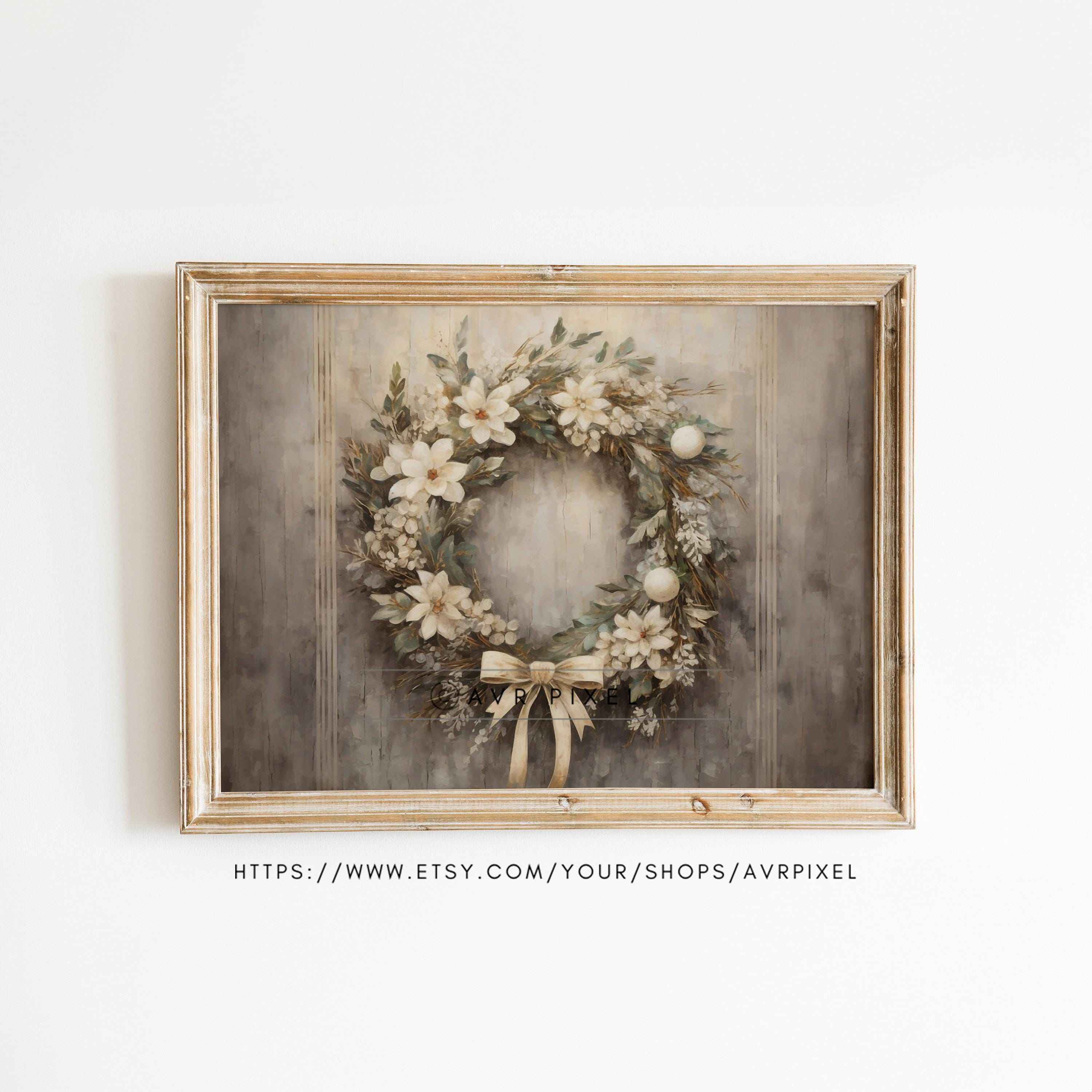 Vintage Floral Christmas Wreath Art Print (PDF Download)