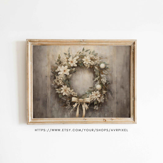 Vintage Floral Christmas Wreath Art Print (PDF Download)