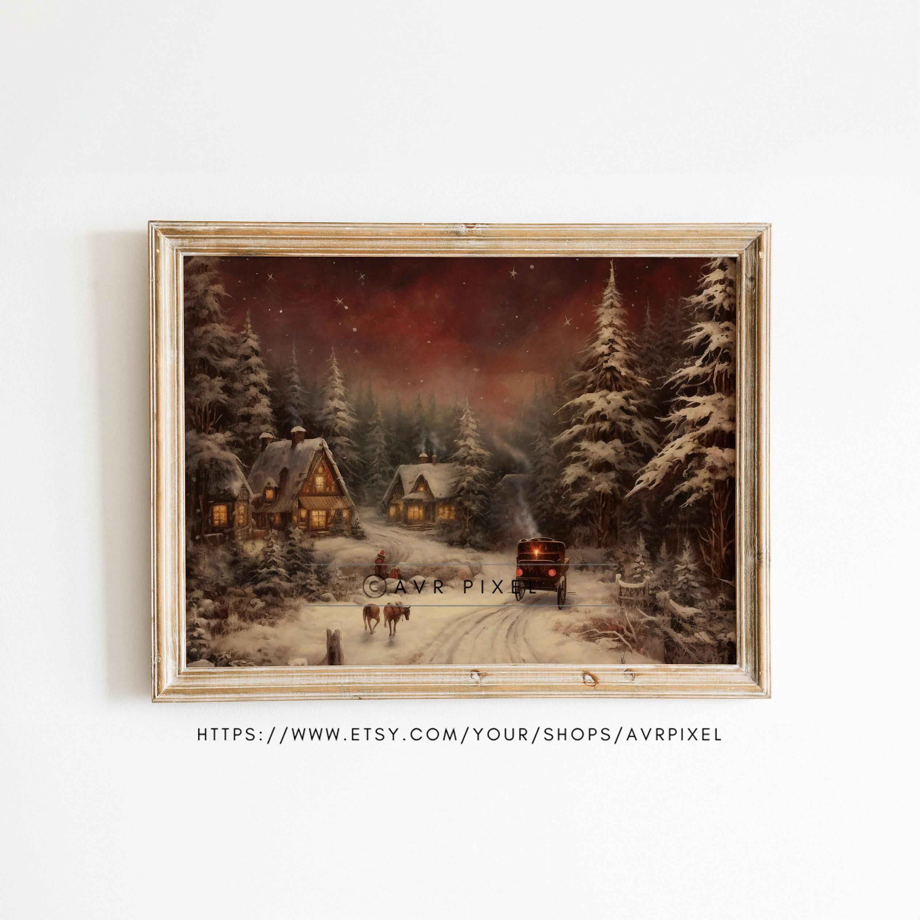 Vintage Christmas Landscape Print: Snowy Farmhouse Pine (PDF Download)