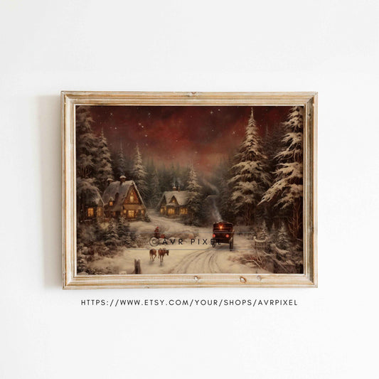 Vintage Christmas Landscape Print: Snowy Farmhouse Pine (PDF Download)