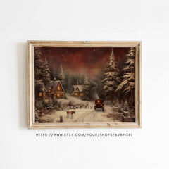 Vintage Christmas Landscape Print: Snowy Farmhouse Pine (PDF Download)