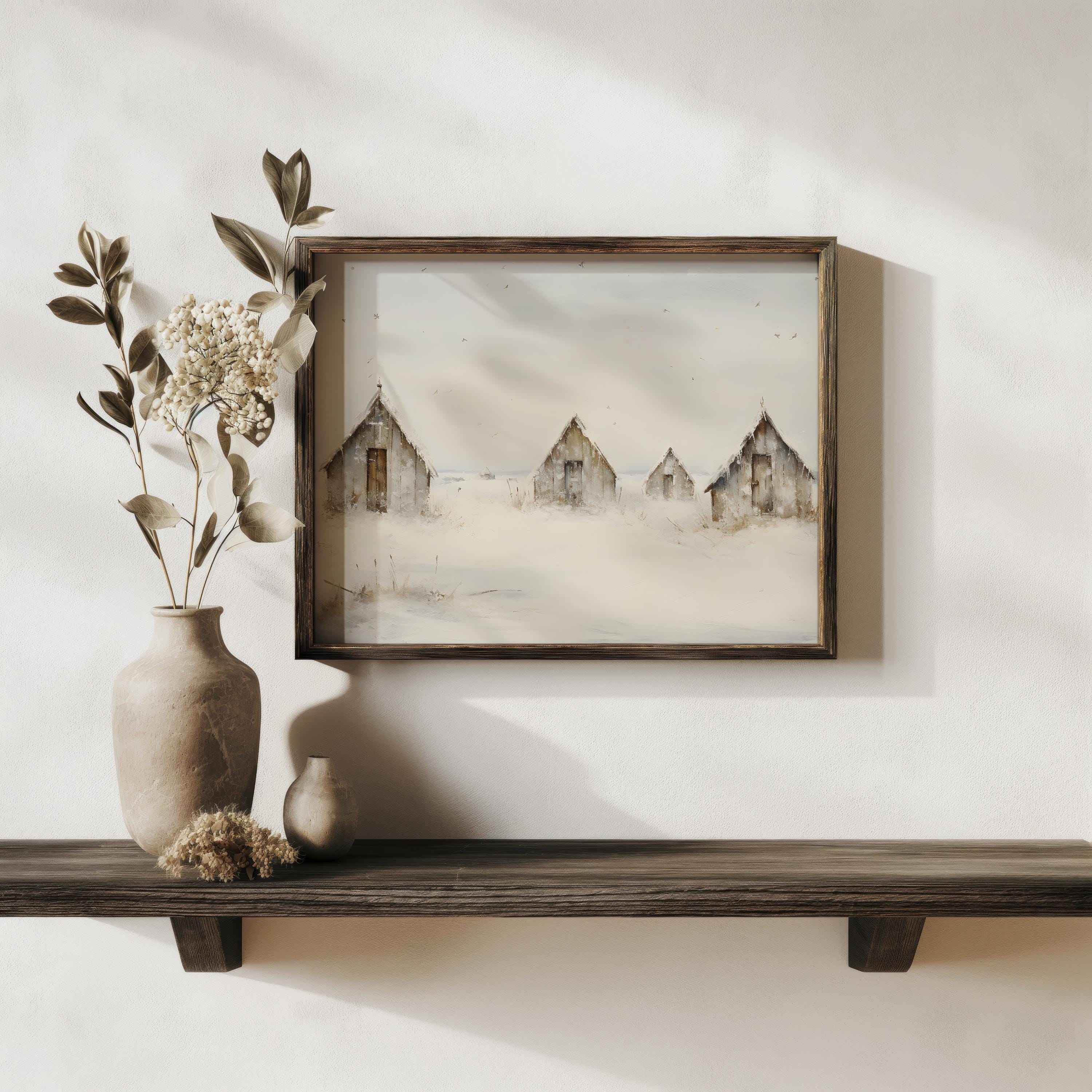Neutral Winter Village Print | Rustic Farmhouse Christmas Landscape | Digital Download