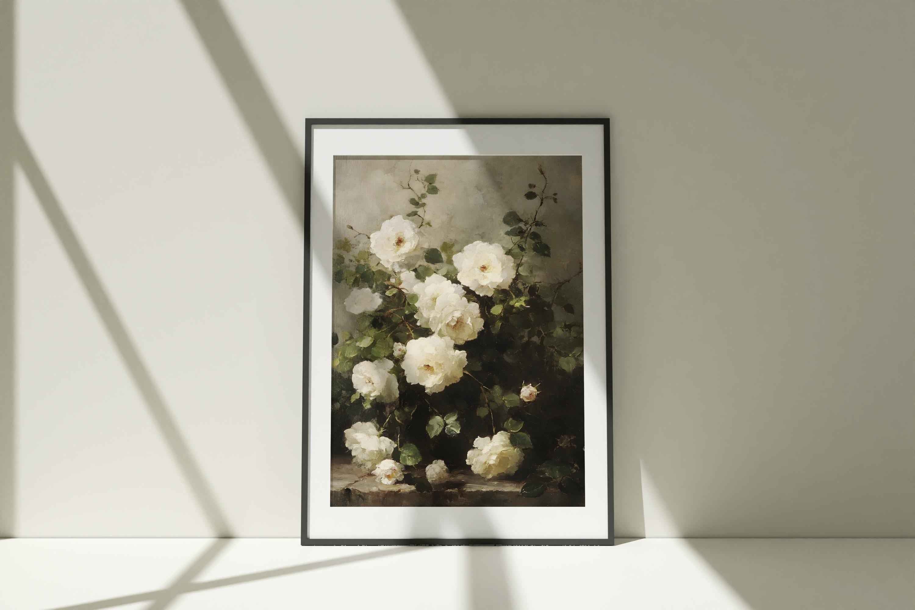 White Roses Botanical Print: Abstract Floral Still Life, Modern Wall Art