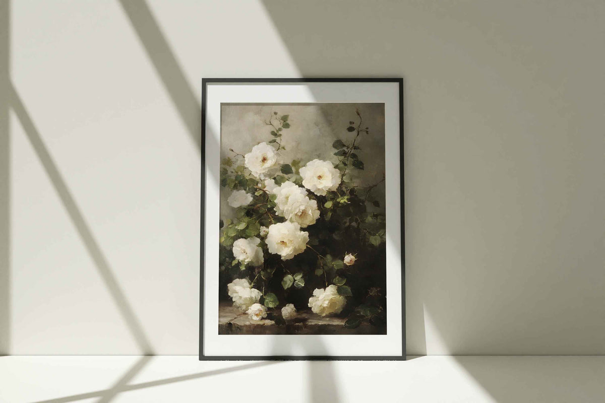 White Roses Botanical Print: Abstract Floral Still Life, Modern Wall Art