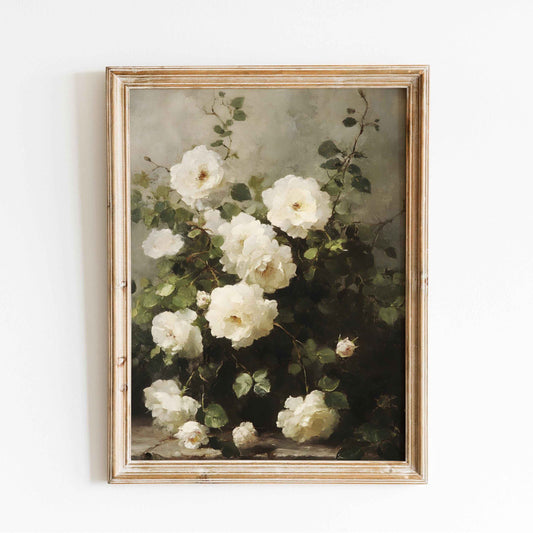 White Roses Botanical Print: Abstract Floral Still Life, Modern Wall Art