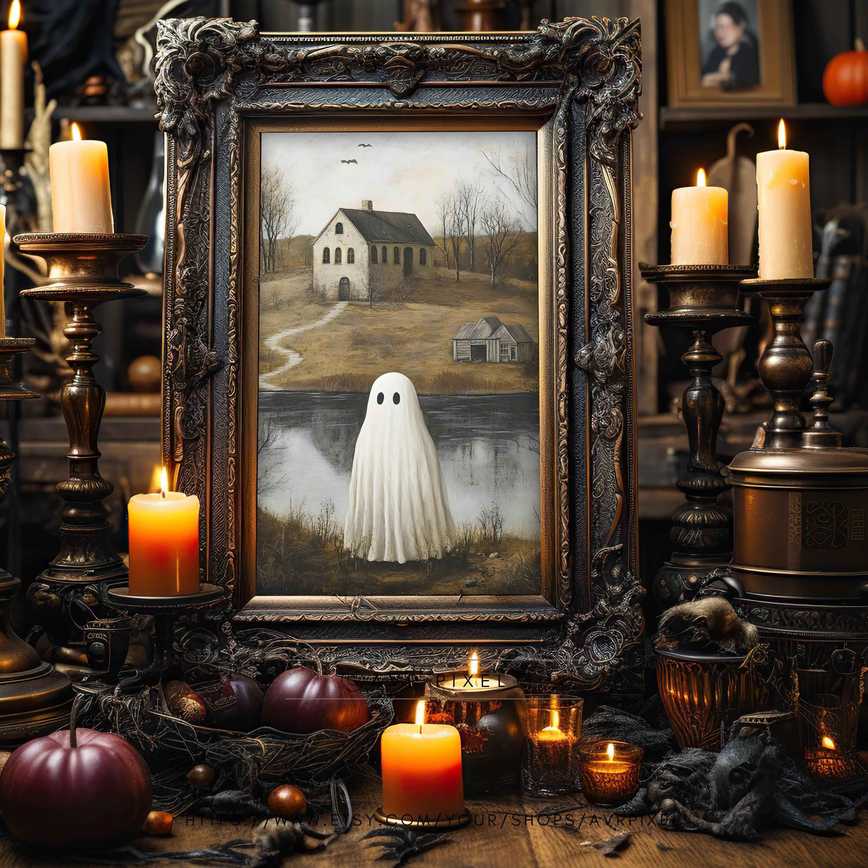 Spooky Ghost Cottage Print: Misty Halloween Landscape (PDF Download)