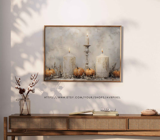 Pumpkin Candle Halloween Print | Neutral Rustic Fall Wall Art | Digital Download