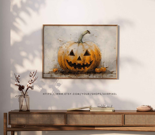 Vintage Jack O' Lantern Art Print: Halloween Pumpkin Oil Painting (PDF Download)