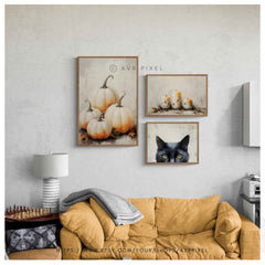 Vintage Halloween Wall Art Set: Cat, Pumpkin & Candles (PDF Download)