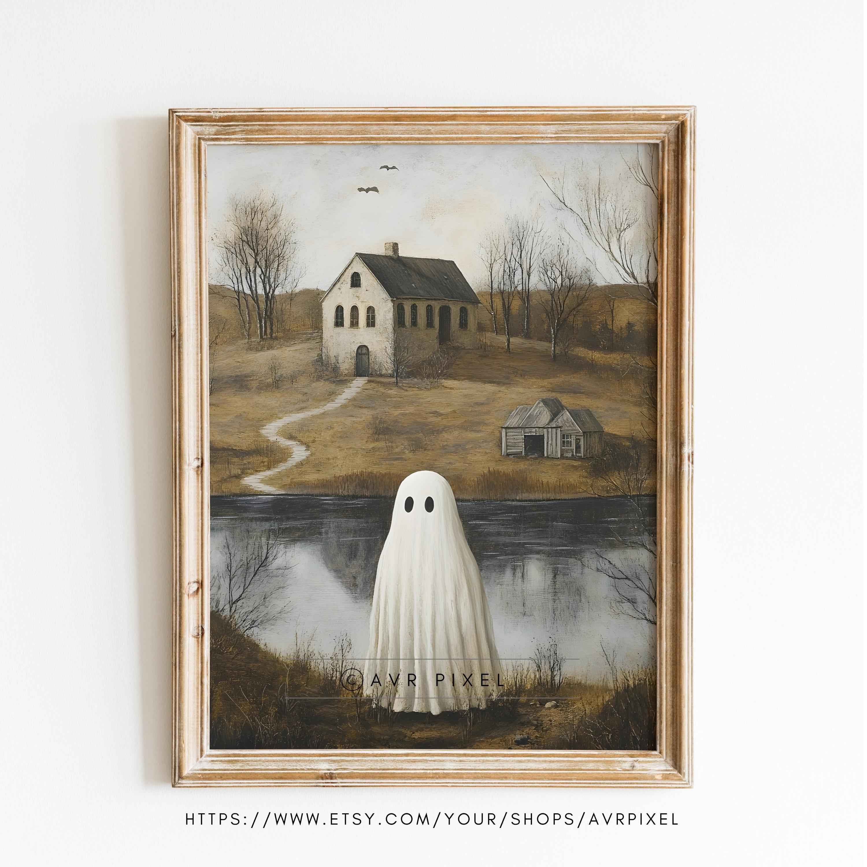 Spooky Ghost Cottage Print: Misty Halloween Landscape (PDF Download)