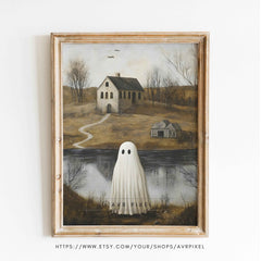 Spooky Ghost Cottage Print: Misty Halloween Landscape (PDF Download)