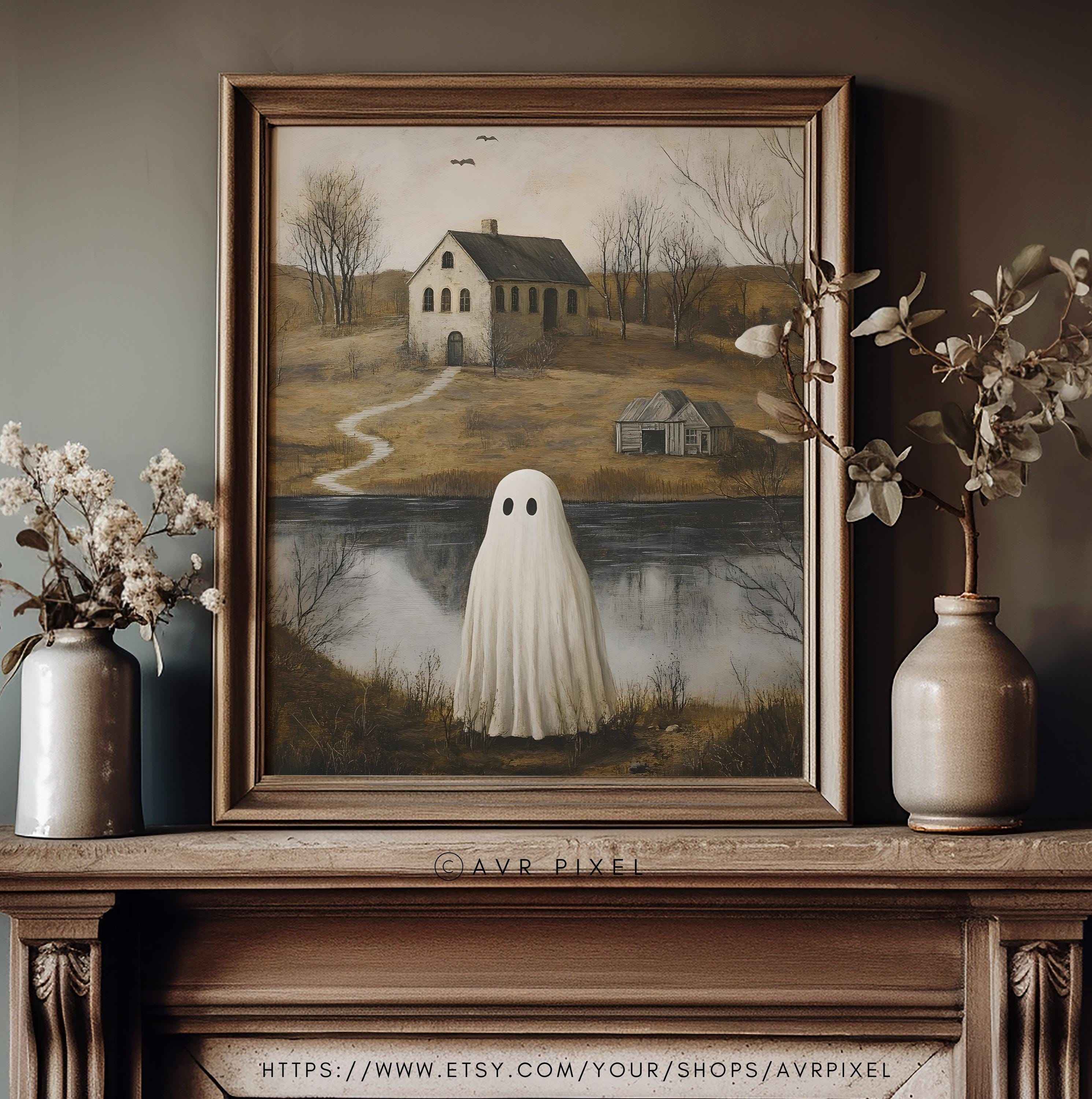 Spooky Ghost Cottage Print: Misty Halloween Landscape (PDF Download)