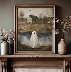 Spooky Ghost Cottage Print: Misty Halloween Landscape (PDF Download)