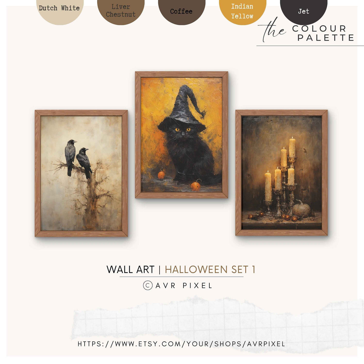 Spooky Halloween Wall Art Set: Witch, Pumpkin, Candles (PDF Download)