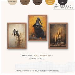 Spooky Halloween Wall Art Set: Witch, Pumpkin, Candles (PDF Download)