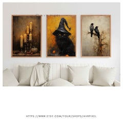 Spooky Halloween Wall Art Set: Witch, Pumpkin, Candles (PDF Download)