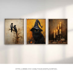Spooky Halloween Wall Art Set: Witch, Pumpkin, Candles (PDF Download)