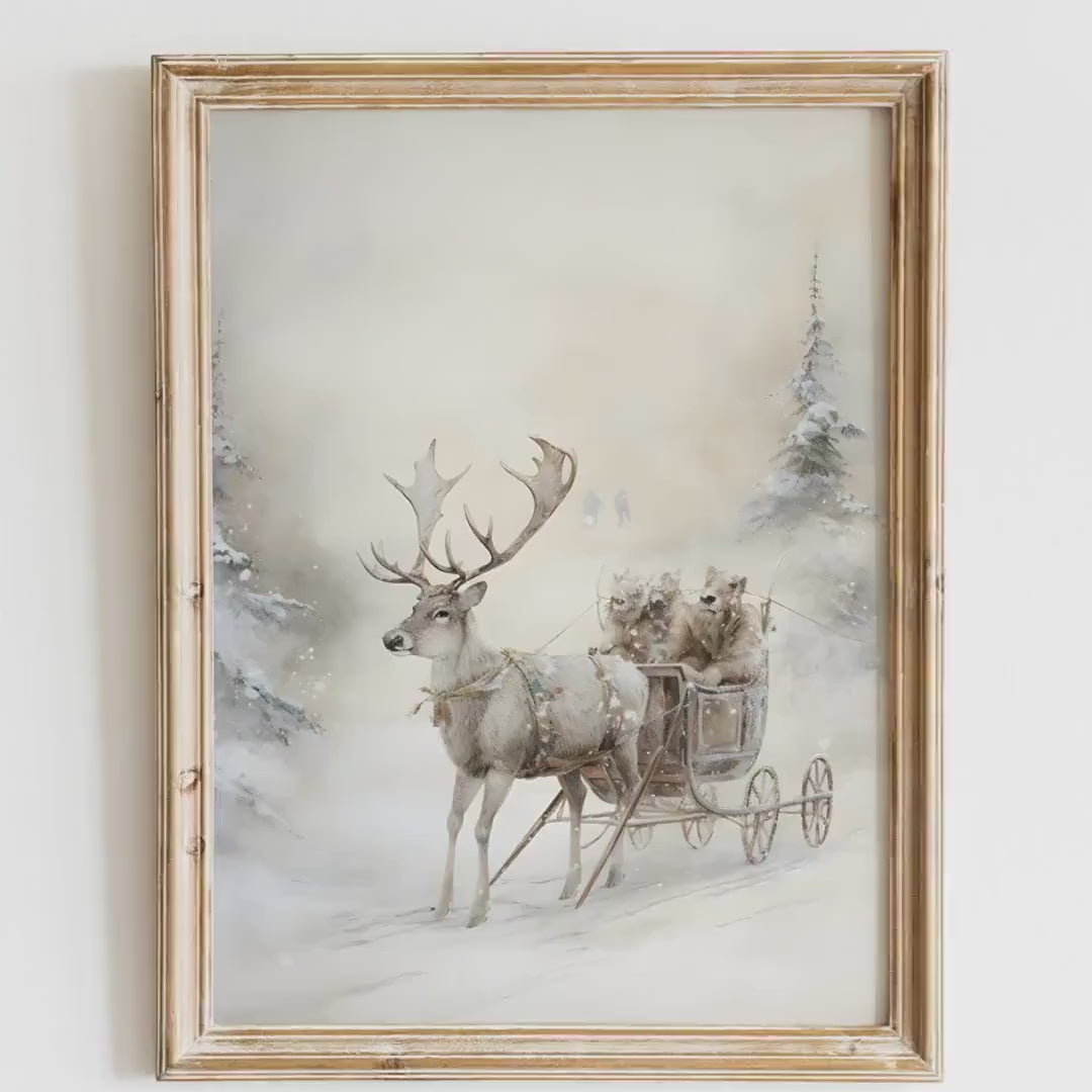 Winter Wonderland Reindeer Sleigh Ride Wall Art Print  Festive Holiday Digital Decor