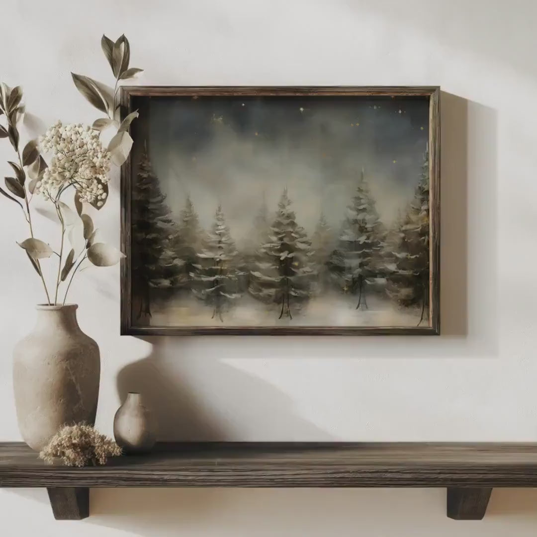 Winter Forest Night Sky Wall Art Print  Starry Woodland Scene  Rustic Holiday Decor