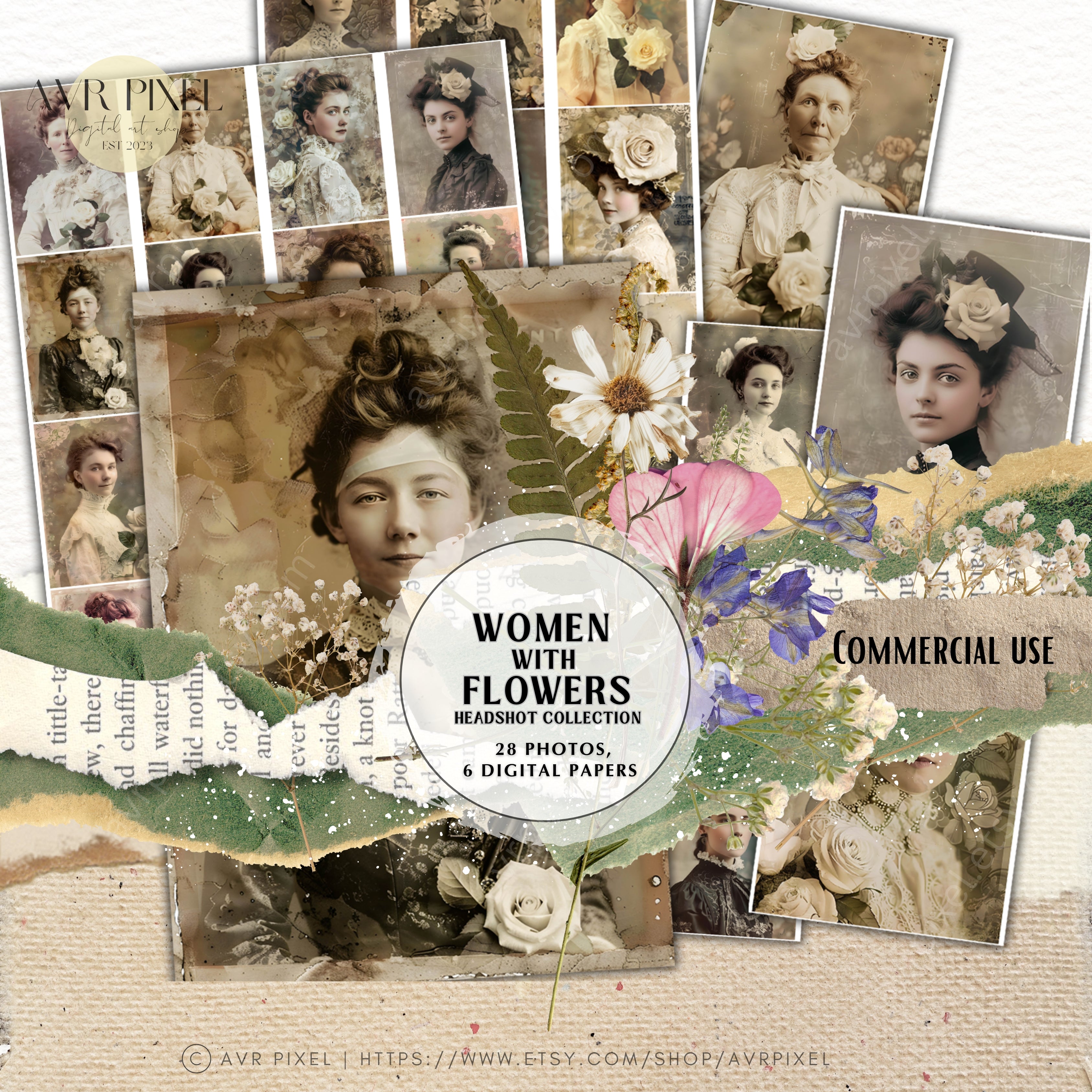 Vintage Women Headshots with Flowers | Junk Journal Ephemera Digital Kit | Commercial Use Scrapbook Supplies _ Avr pixel