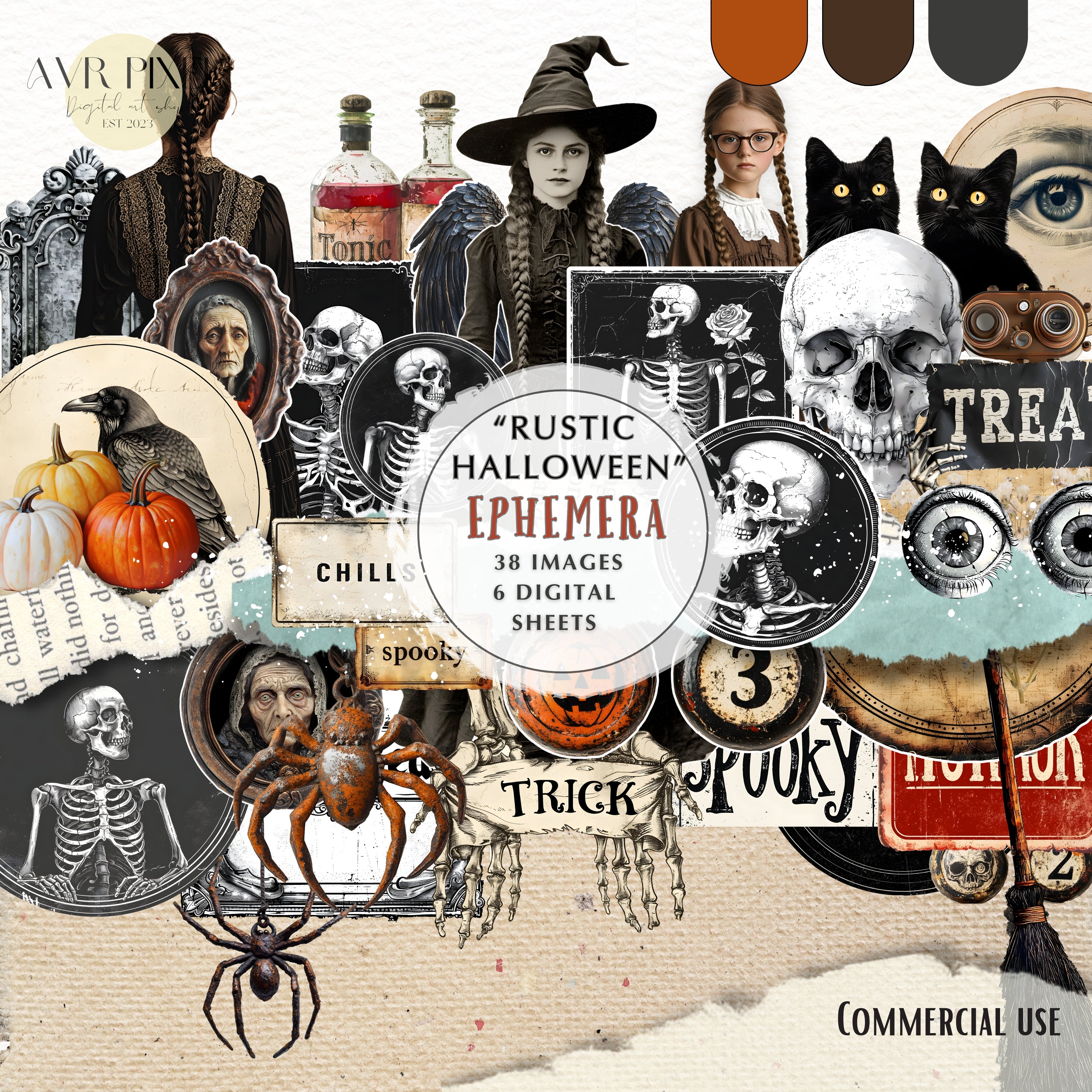 Rustic Halloween Printable Ephemera Set | Spooky Gothic Clipart | Skeletons, Witches, Junk Journal Kit | Vintage Halloween Craft Supplies
